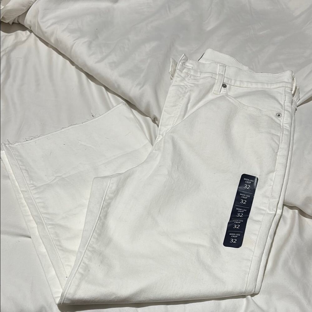 J Crew 32 White wide leg capri stretch Jean frayed seamed hemline modern NWT